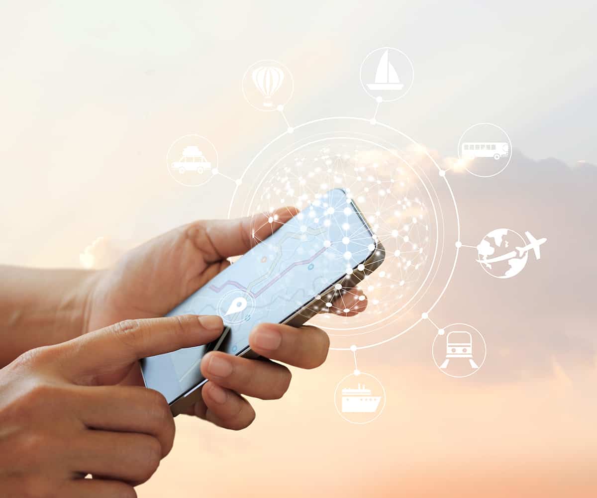 Man using mobile travel online and icon network connection on screen, traveler concept, all on mobile screen are designed up Man using mobile travel online and icon network connection on screen, traveler concept, all on mobile screen are designed up
