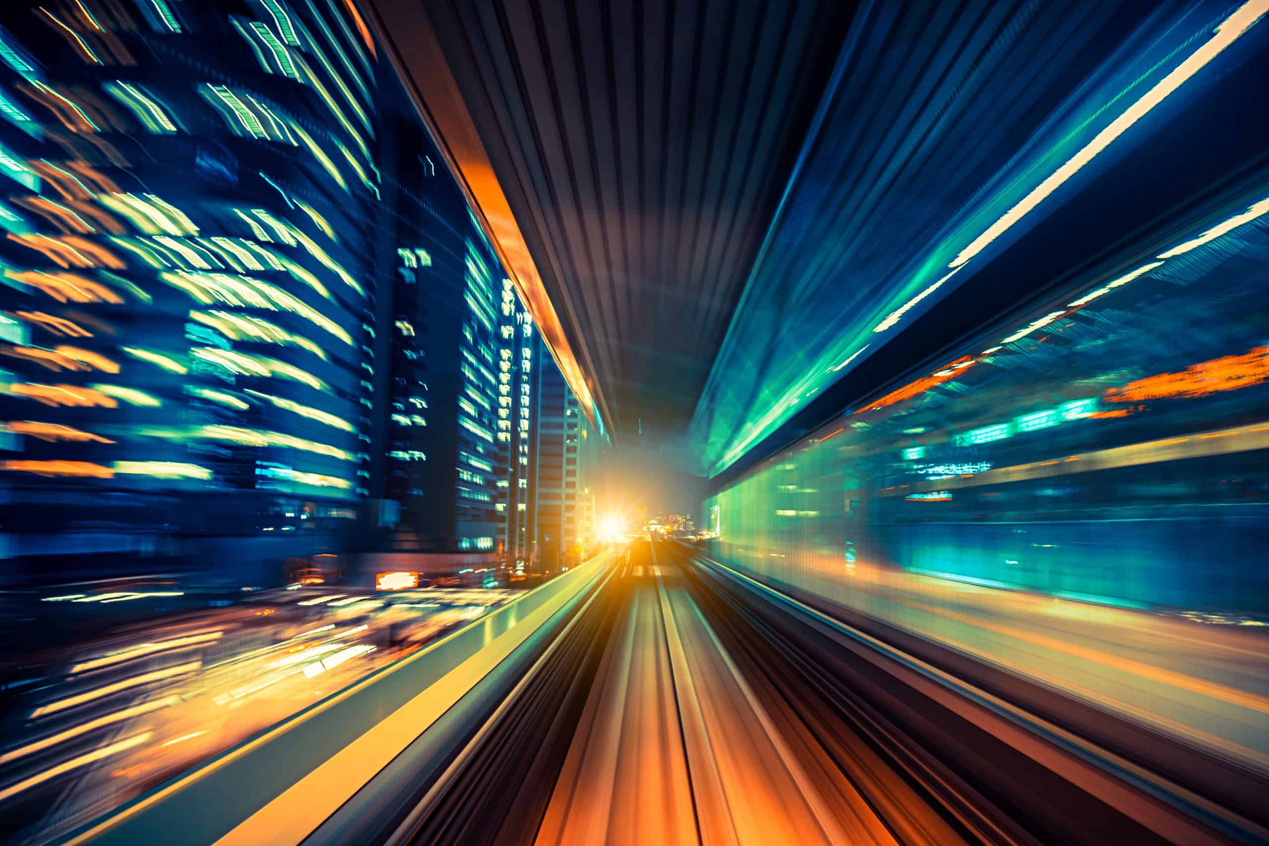 abstract motion-blurred view from the front of a train in Tokio, Japan