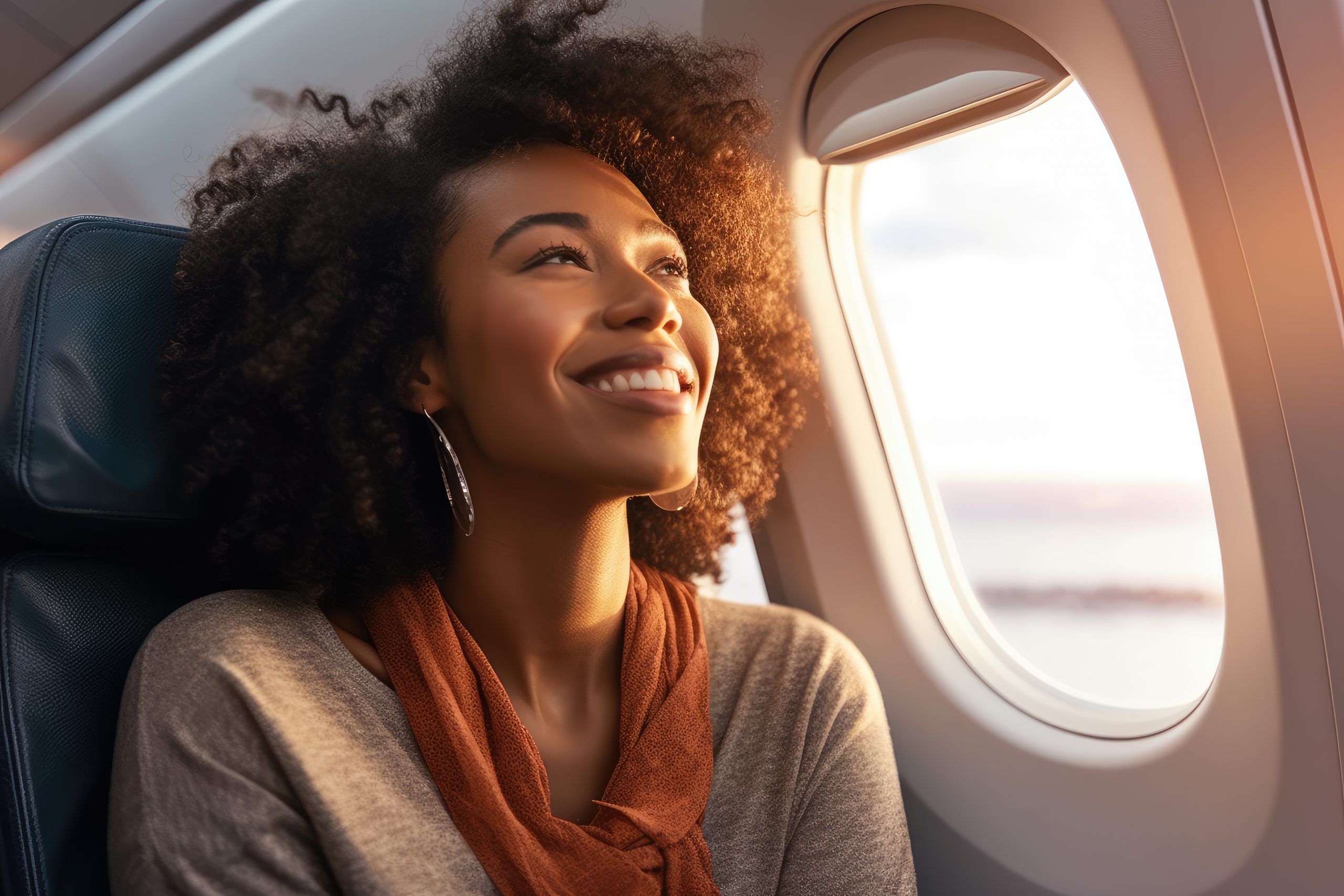 A photo of a joyful woman seated by the window on an airplane. Travel Concept. Generative AI